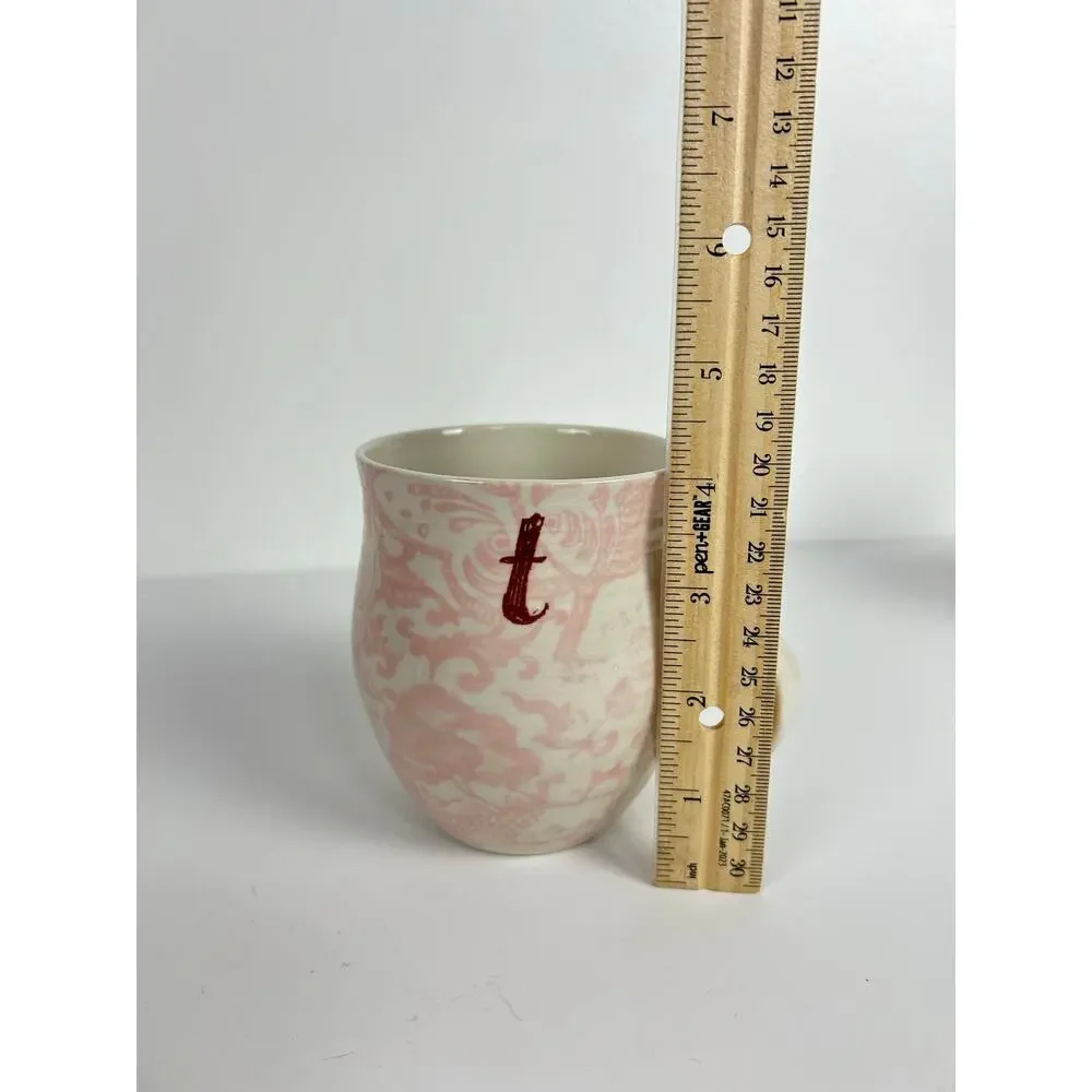 Anthropologie 'T' Monogram Coffee Cup Mug Tea Pink Damask